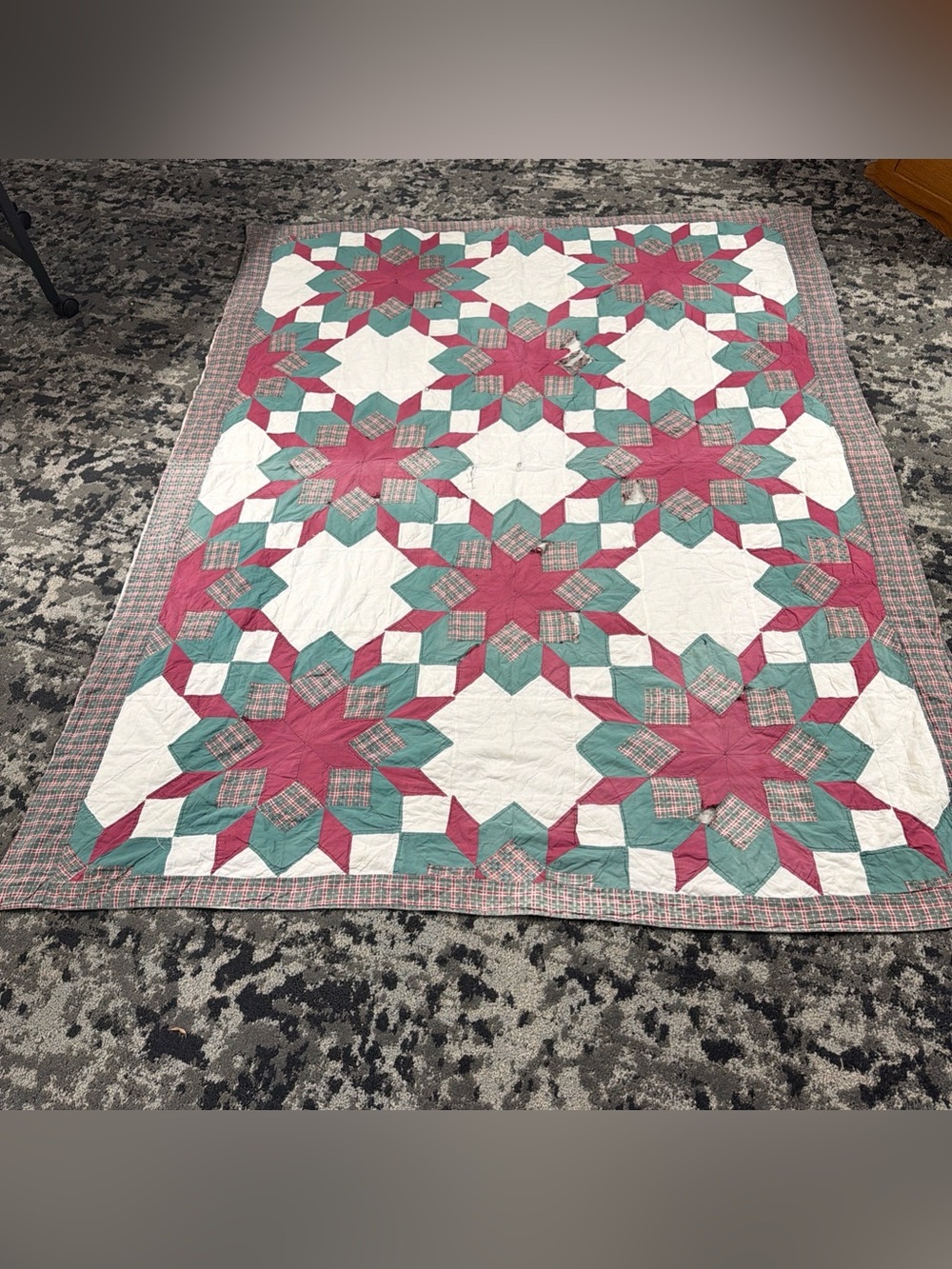 VTG Antique Very Old Quilt Blanket Patchwork 8 Pointed Stars 3D Hand Sewn 80x64”